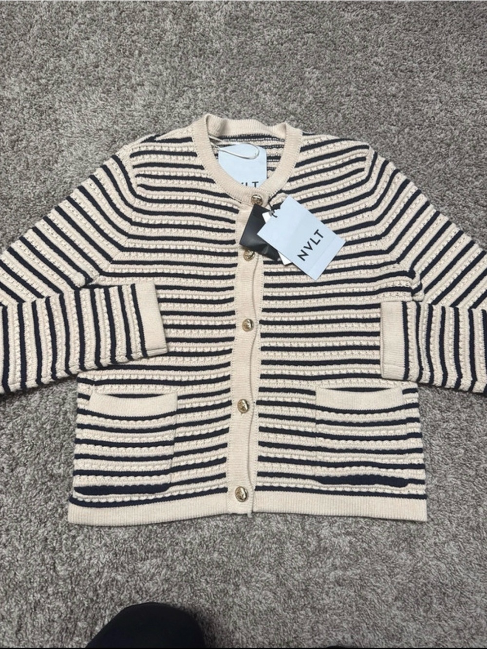 NVLT Cream & Navy Striped Knit Button Cardigan